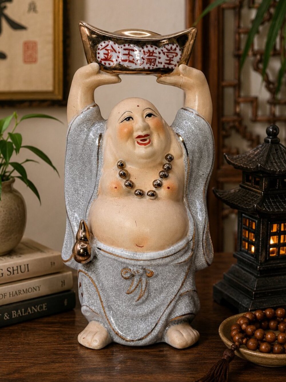 VTG Happy Buddha Figurine Holding Gold Ingot Crackle Glaze Ceramic 10" Feng Shui